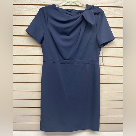 ivy + blu Dresses & Skirts - Chic Blue Midi Sheath Dress with Cowl Neck Short Sleeves